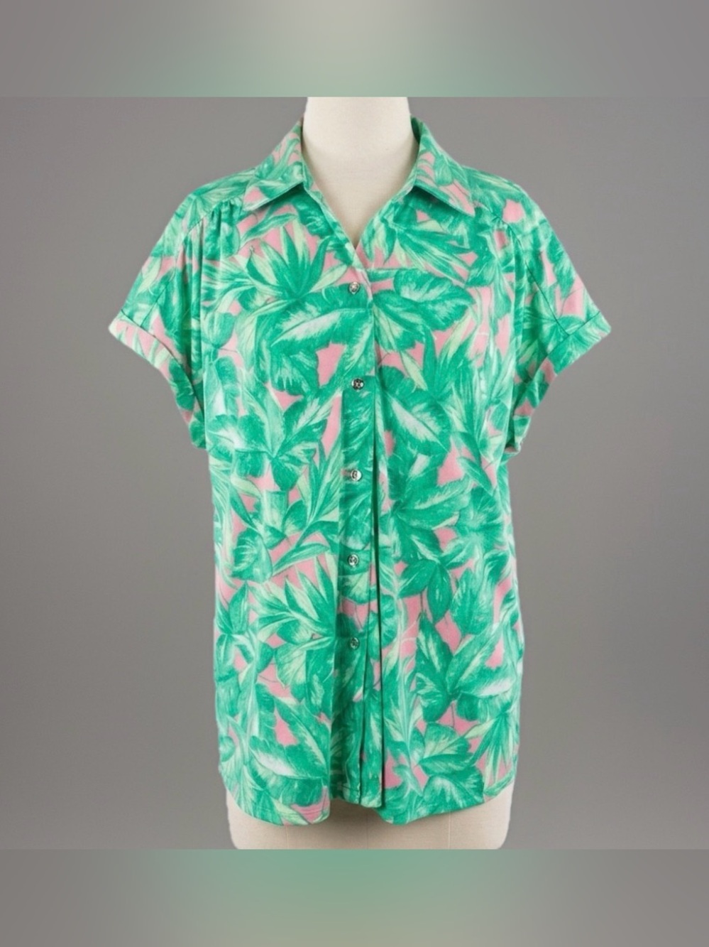 Fair Haven 2XL Tropical Palm Leaf Shirt Pink Green Button Front Summer Resort